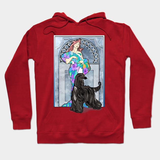 Mucha/Watson. Black Afghan Hound.Elegant redhead female. Hoodie by chepea2